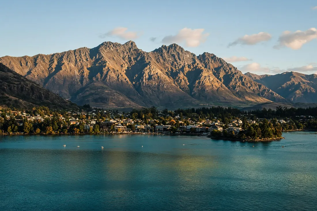 Queenstown and The Remarkables above Lake Wakatipu in late light